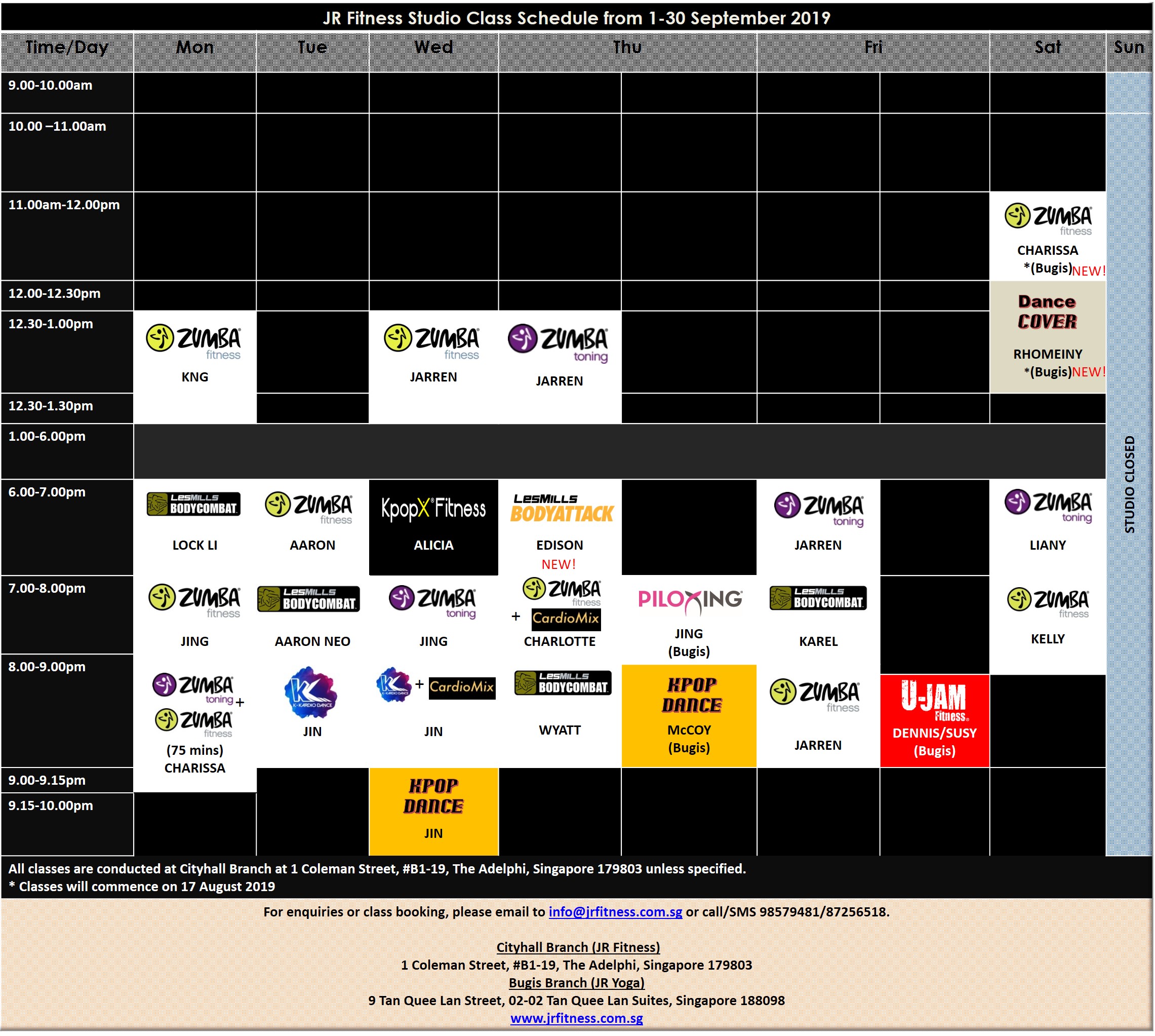 Class Schedule JR Fitness Singapore