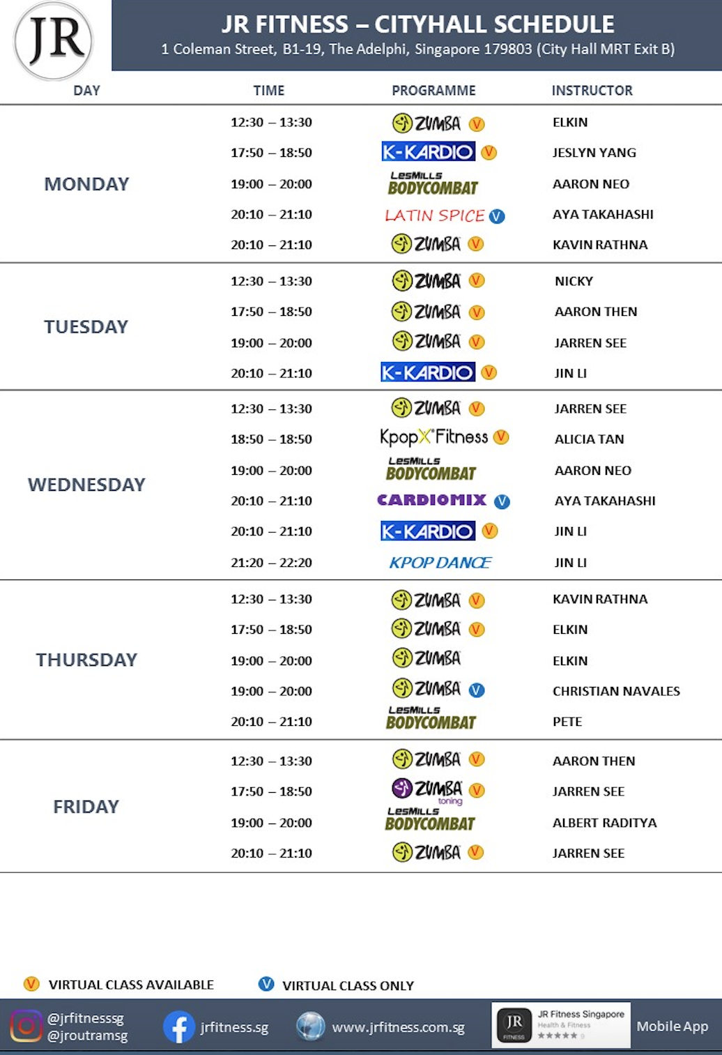 Class Schedule - JR Fitness | Singapore
