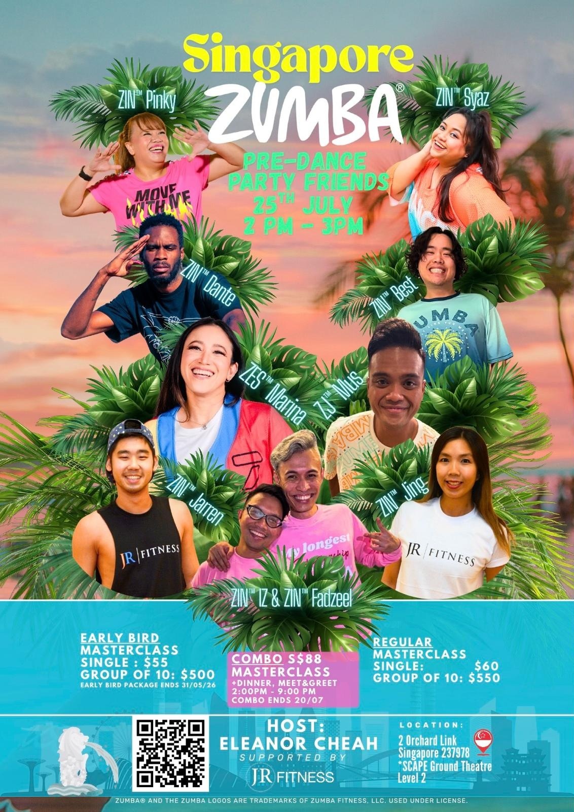 Vibrant Singapore Zumba poster with a tropical theme, featuring a diverse group of people and text about a pre-dance party on July 25, 2–3 PM.