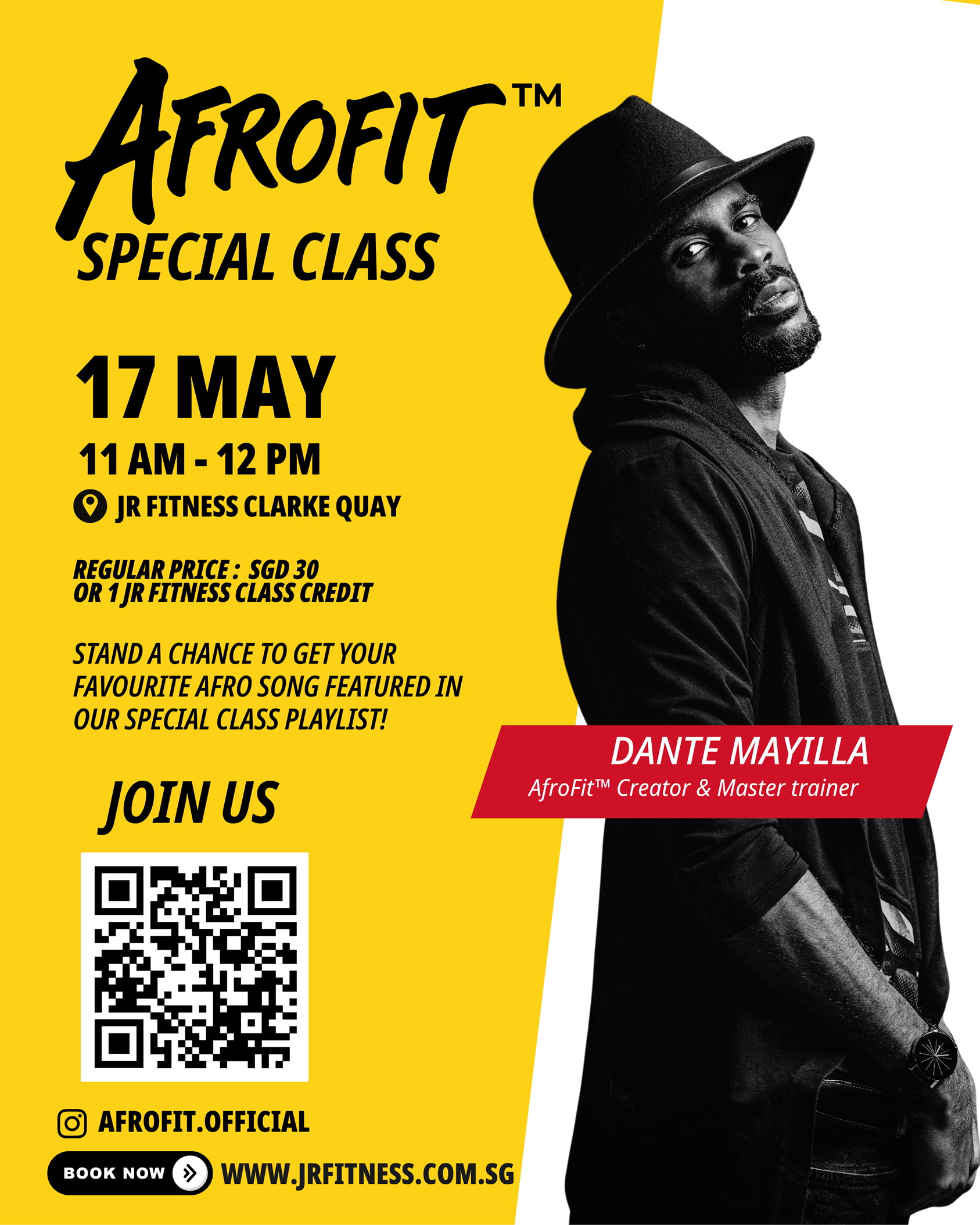 Event poster advertising AfroFit Special Class on 17 May, 11 AM–12 PM at JR Fitness Clarke Quay, featuring Dante Mayilla.