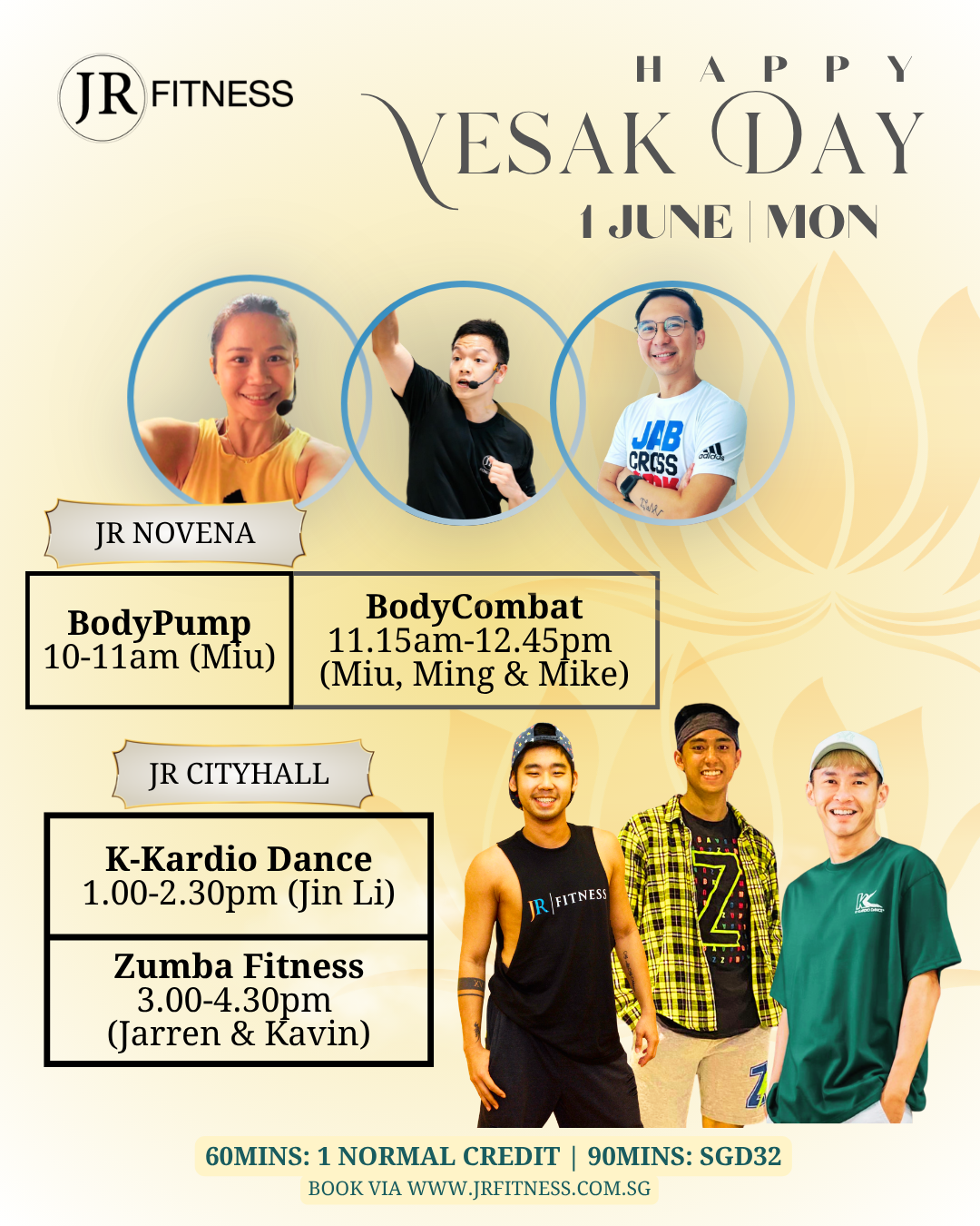 JR Fitness Vesak Day poster for June 1 with instructor photos; schedule includes BodyPump 10–11am, BodyCombat 11:15am–12:45pm, K‑Kardio Dance 1–2:30pm, Zumba Fitness 3–4:30pm; venues JR Novena and JR Cityhall; booking via www.jrfitness.com.sg.
