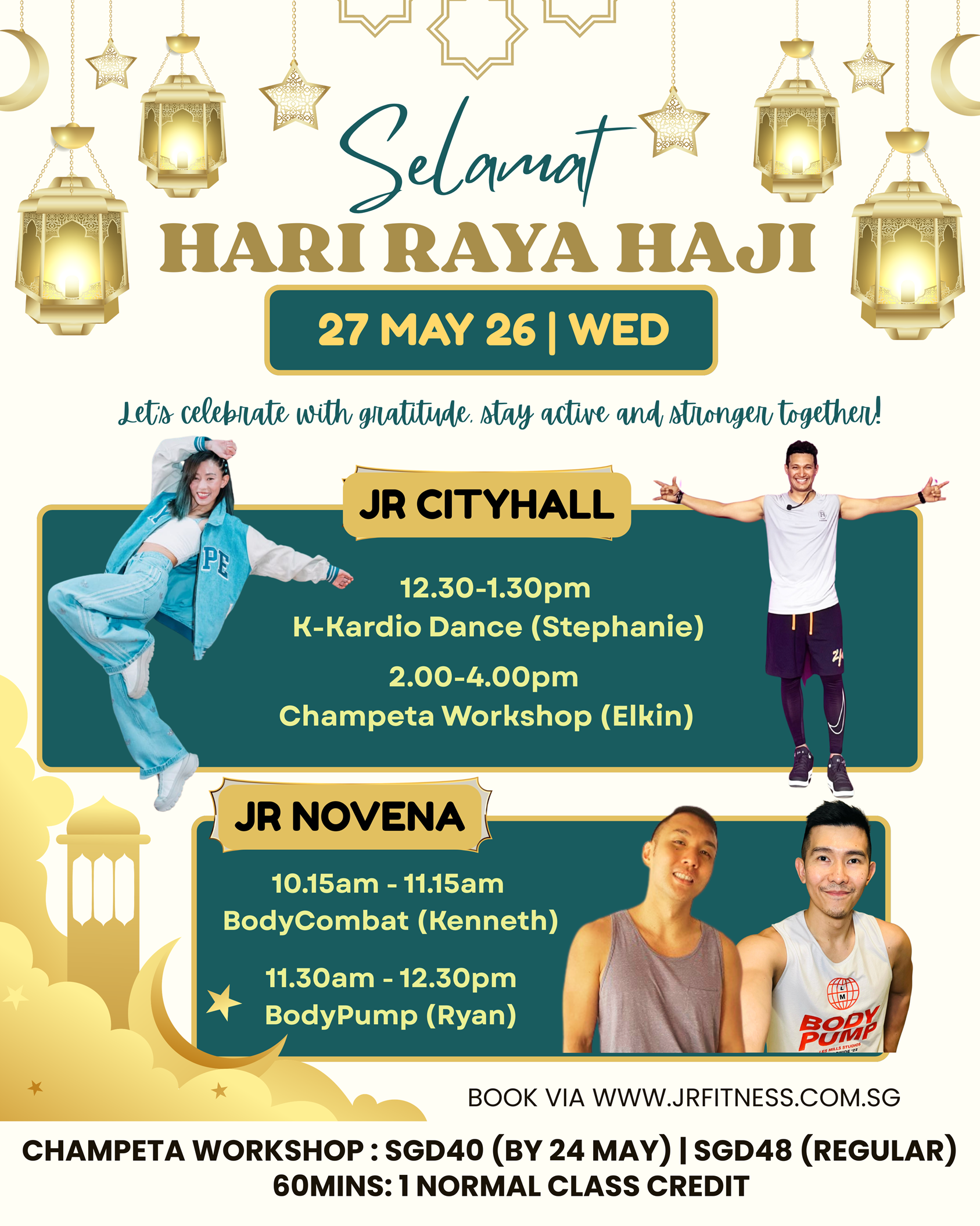 Festive poster announcing Selamat Hari Raya Haji with date 27 May 26 (Wed) and event schedule at JR City Hall, Singapore area (graphic includes people and times).