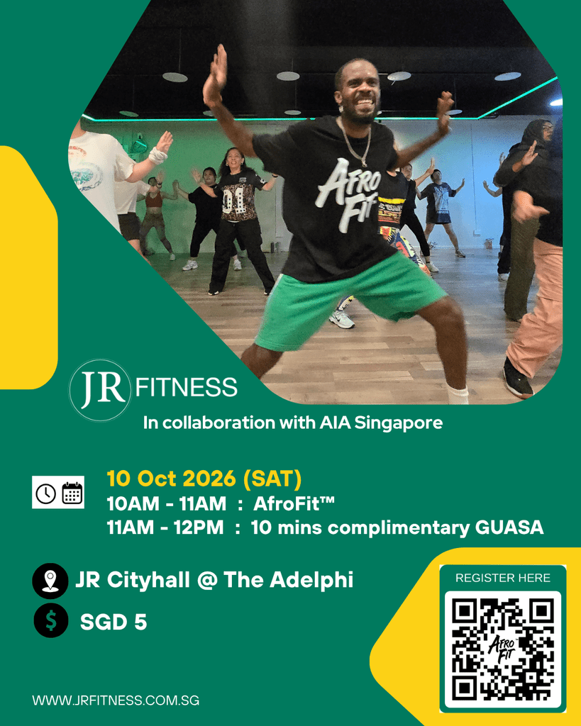 Group of people dancing in a fitness class with a man in a black AfroFit shirt at the center, poster-style layout around the photo edge.