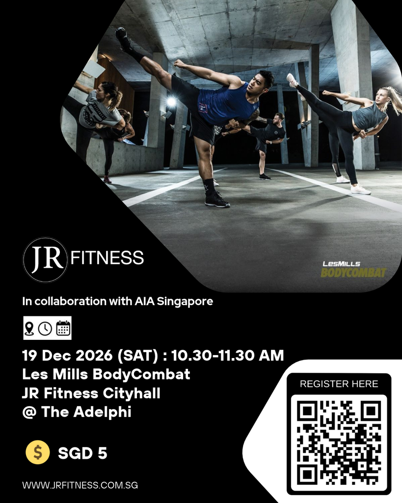 JR FITNESS x AIA Instagram Post 4_5 1 - JR Fitness | Singapore Promotional poster showing a group fitness class performing high kicks in a concrete gym; JR Fitness and Les Mills BodyCombat branding visible.