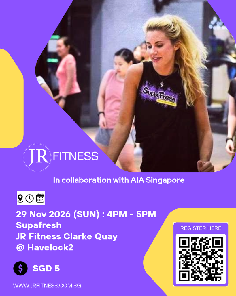 JR FITNESS x AIA Instagram Post 4_5 - JR Fitness | Singapore Event poster for JR Fitness in collaboration with AIA Singapore, featuring a woman in workout gear; date 29 Nov 2026, 4–5 PM, SGD 5, with a QR code.