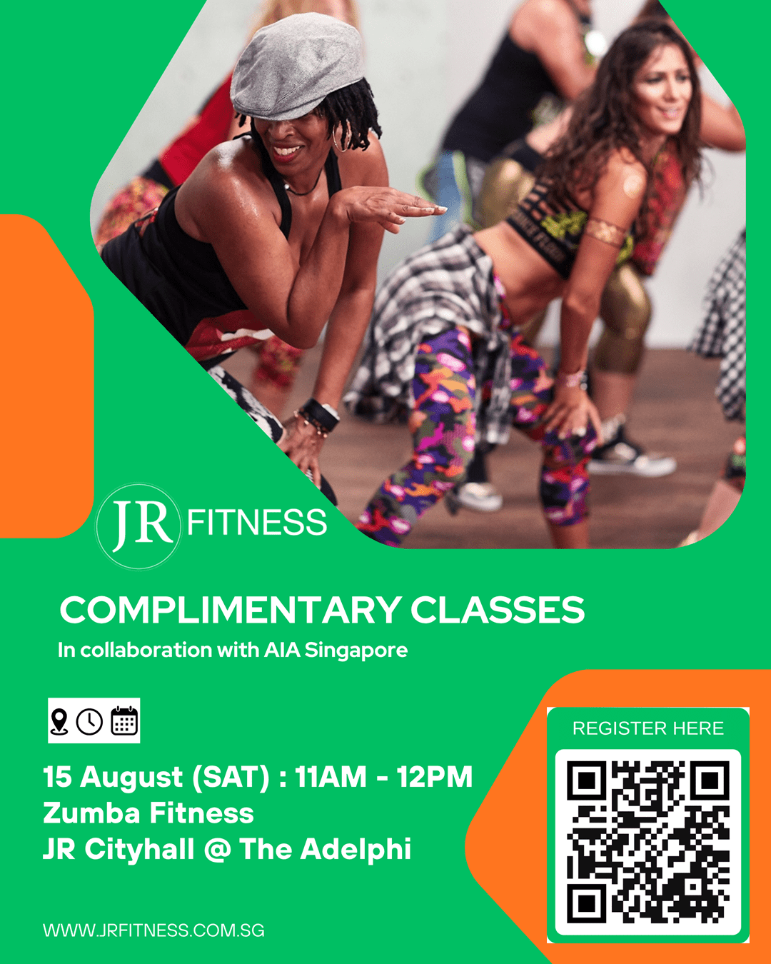 Promotional poster for JR Fitness offering complimentary Zumba classes on 15 August, 11AM–12PM at JR Cityhall @ The Adelphi, with a QR code for registration.
