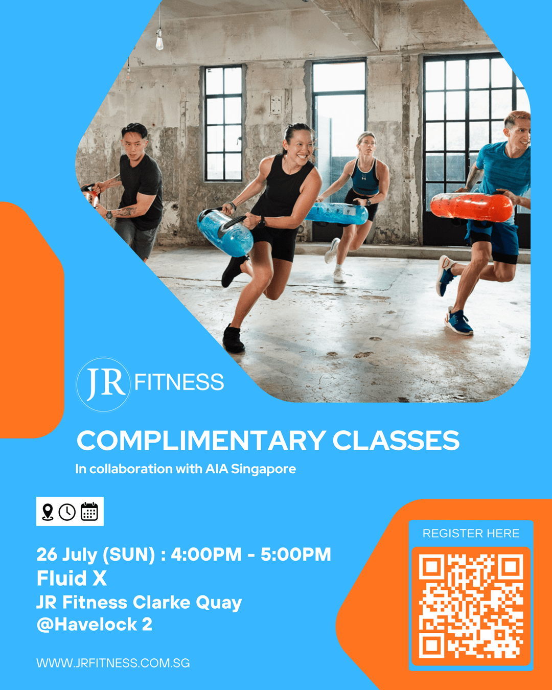 July 2026_Resize - JR Fitness | Singapore Promotional poster for JR Fitness showing a group exercising in a bright blue, orange-themed design with a QR code for registration.
