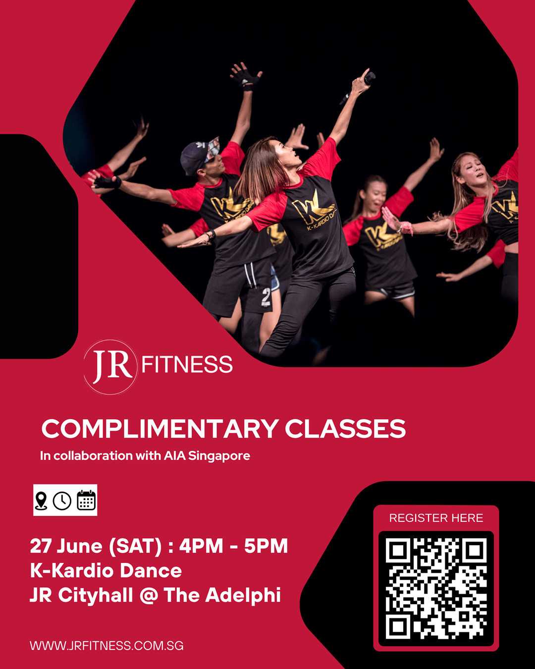 June 2026_resize - JR Fitness | Singapore Promotional fitness poster featuring a group of dancers in black and red outfits on stage with a QR code and registration details for JR Fitness.
