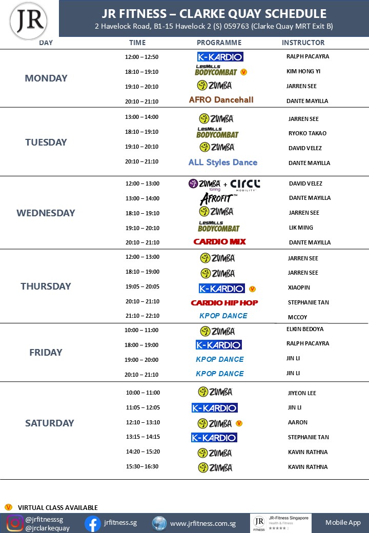 JR Fitness Clarke Quay schedule: daily class times, programs, and instructors.