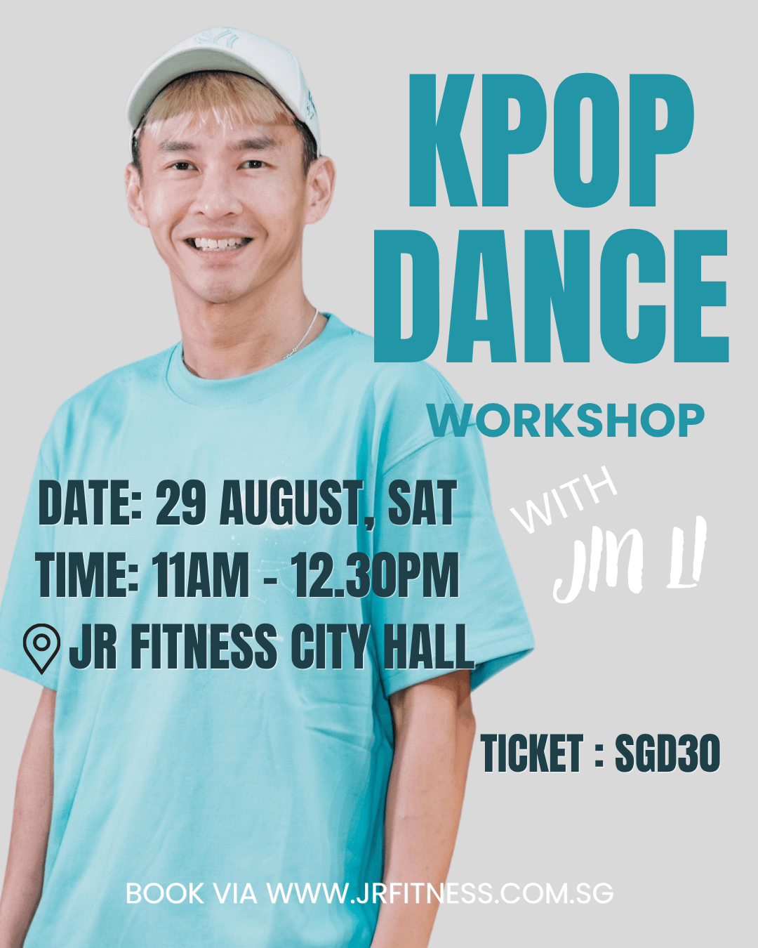 Promotional poster for a KPOP DANCE workshop featuring a smiling man in a turquoise shirt; includes date, time, location, ticket price, and booking URL.
