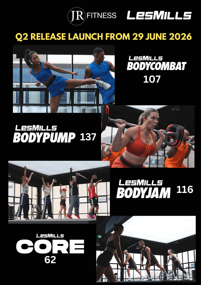 Q1 RELEASE LAUNCH FROM 23 MARCH 2026_Resized1 - JR Fitness | Singapore Collage-style fitness promo with JR Fitness and Les Mills logos; the Q2 launch banner and six workout images (Body Combat, Body Pump, Core, BodyJam) with respective program numbers.