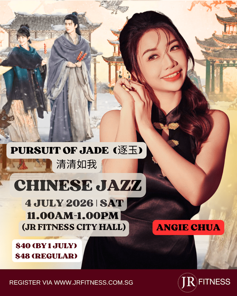 Poster advertising 'Pursuit of Jade' Chinese Jazz with Angie Chua, showing date, time, venue, and ticket prices.