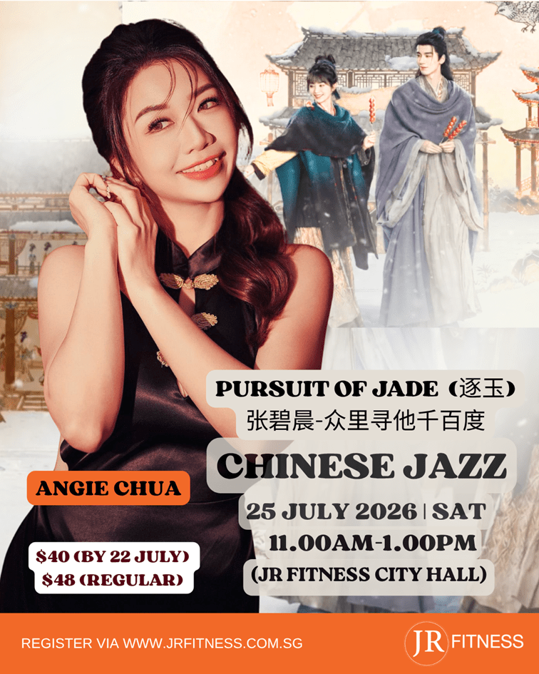 chinese jazz_resized - JR Fitness | Singapore Promotional poster for Chinese Jazz featuring a smiling woman in black with a traditional backdrop and event details.