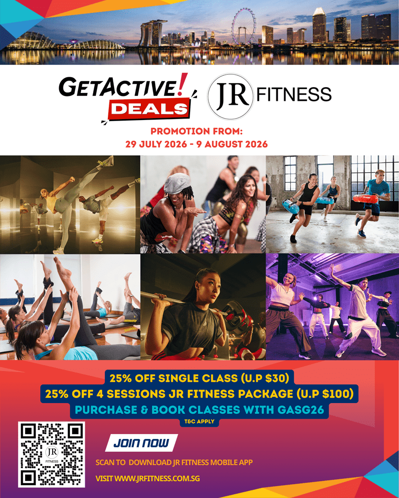 GASG Poster Instagram Post_resized - JR Fitness | Singapore Promotional GetActive Deals banner for JR Fitness: skyline header, collage of workout photos, promo dates '29 July 2026 - 9 August 2026', QR code and 'Join Now' CTA.