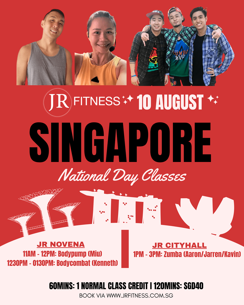 Group of four people posing on a red promotional poster for JR Fitness Singapore National Day Classes, August 10.