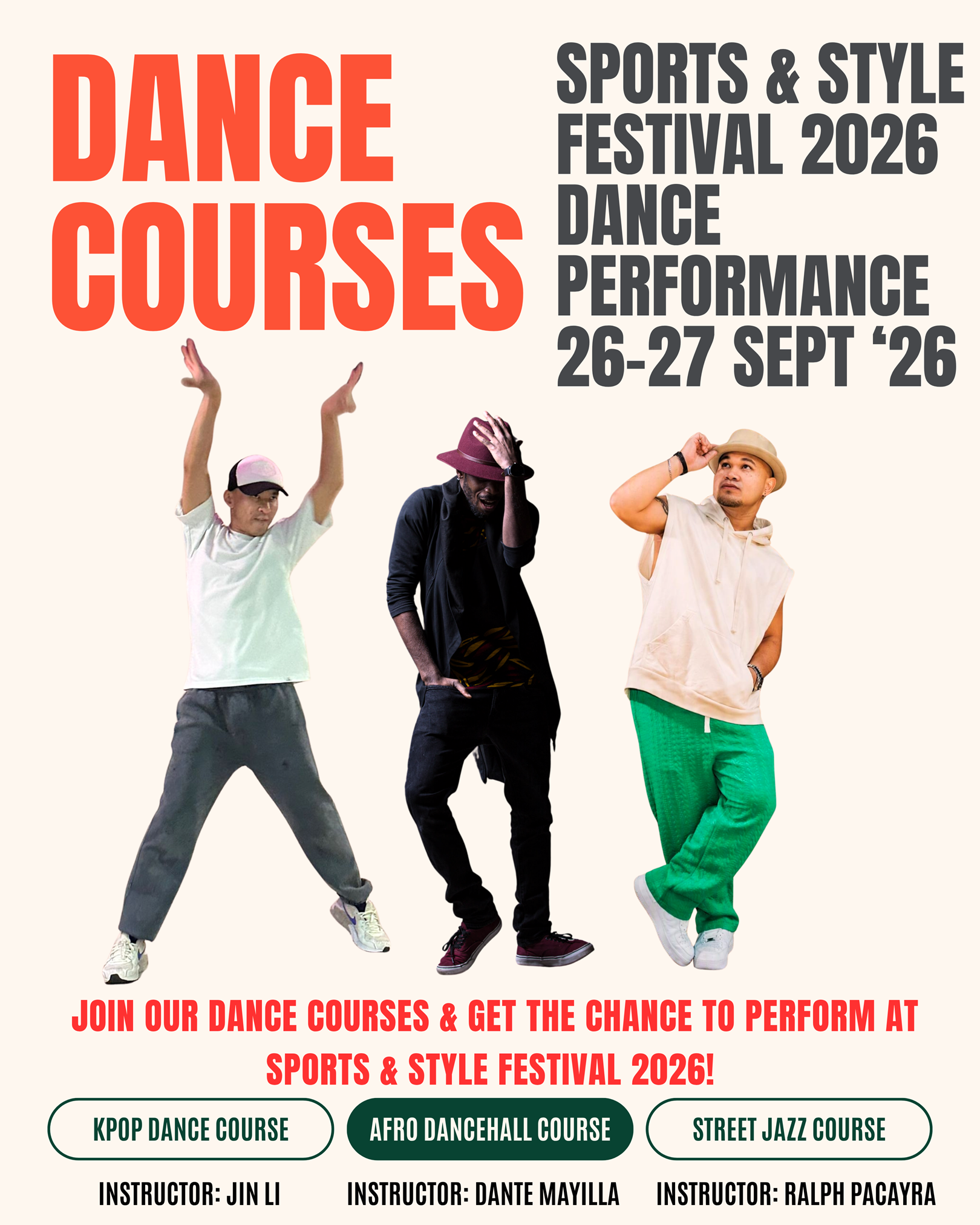1_resized - JR Fitness | Singapore Promotional poster for a dance festival: bold red 'DANCE COURSES' on the left and gray event details on the right, with three dancers at the bottom.