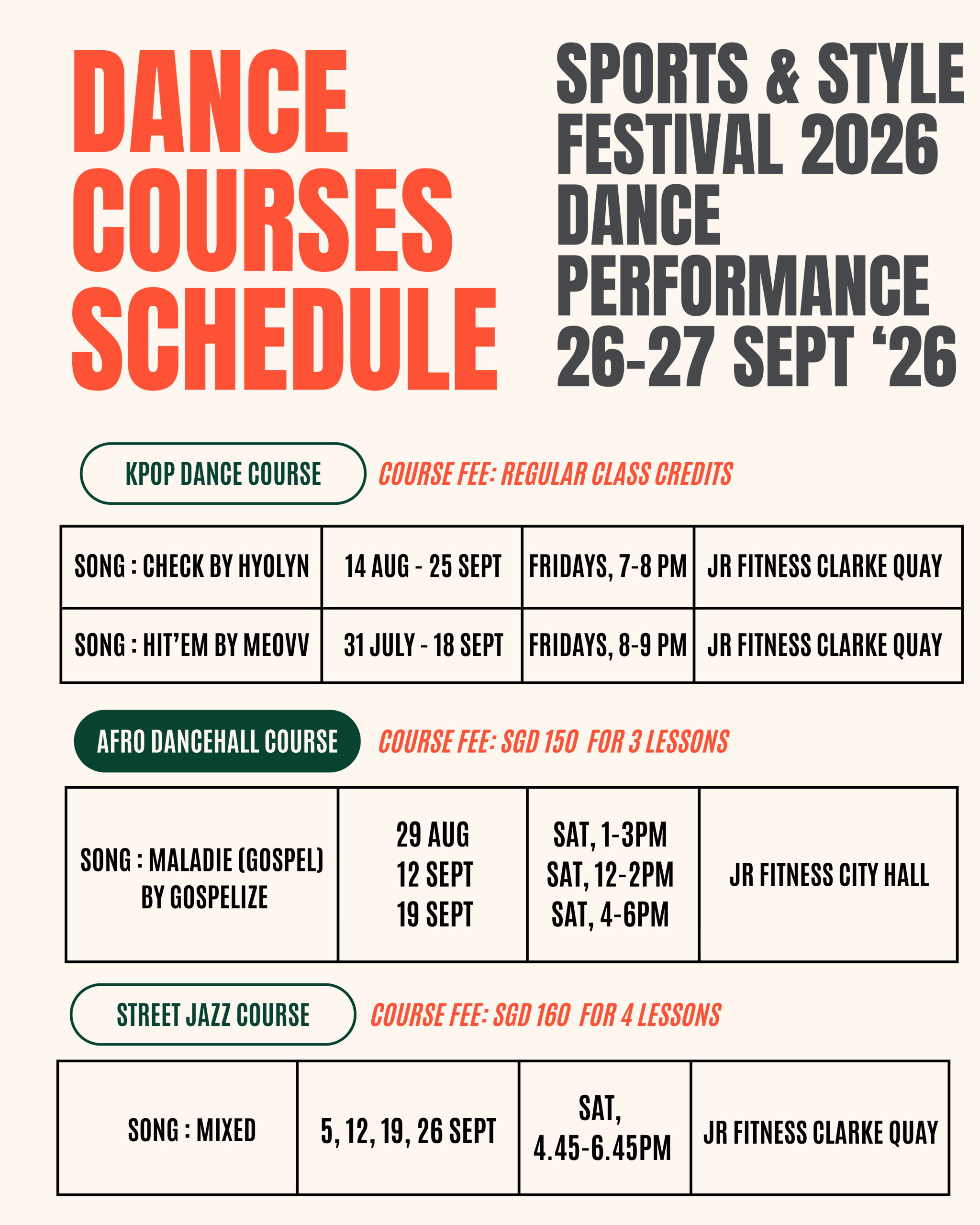 2 - JR Fitness | Singapore Dance courses schedule poster with bold red left title and right-side event details for a festival.