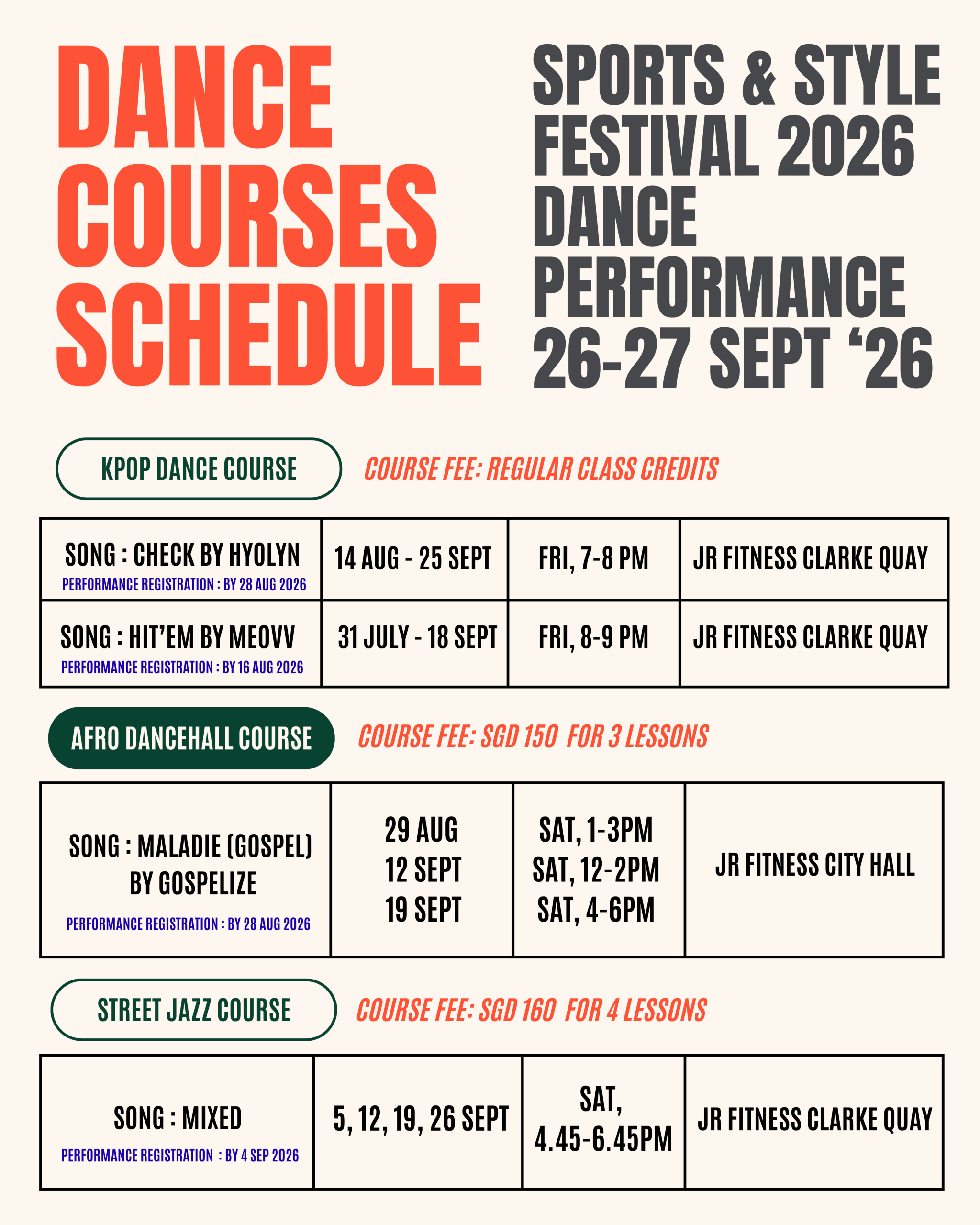 Dance Courses 4 - JR Fitness | Singapore Dance courses schedule poster with large red headlines and gray event details across two columns.