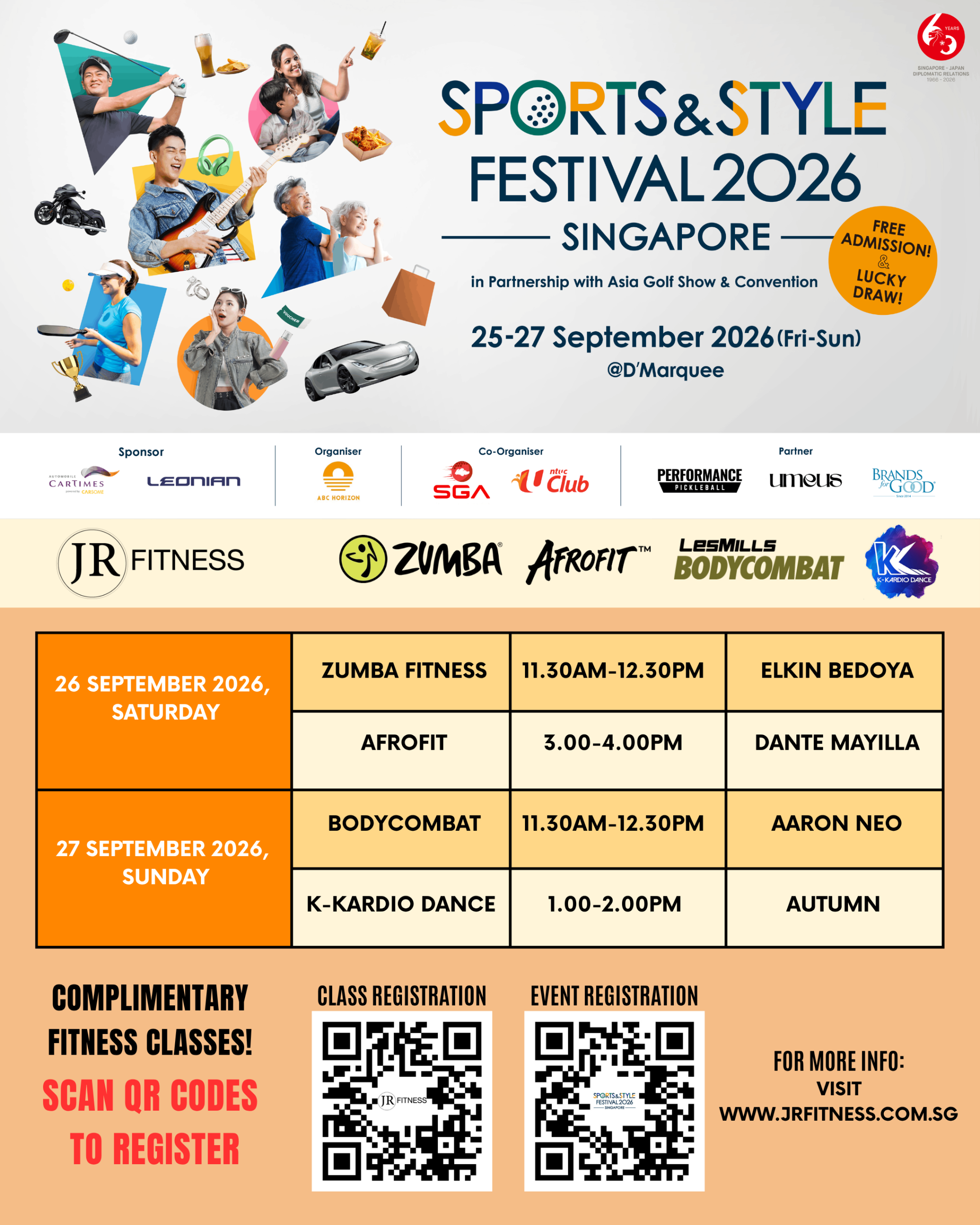 Sport Style Classes 3 - JR Fitness | Singapore Poster for Sports & Style Festival 2026 Singapore with athletes, sports icons, and sponsor logos; includes event dates and free admission info.