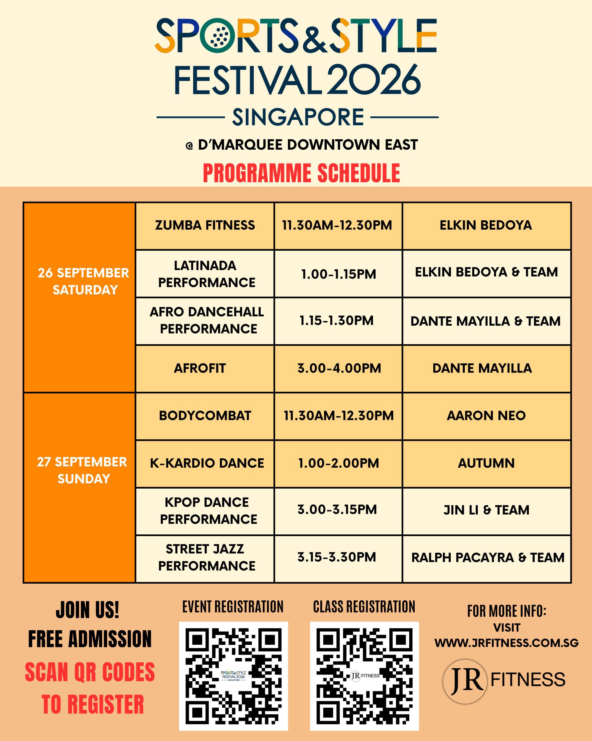 Sport Style Classes 4 - JR Fitness | Singapore Poster for Sports & Style Festival 2026 Singapore with a schedule grid of activities and times on Sept 26β27, featuring QR codes for registration and sponsors logos.