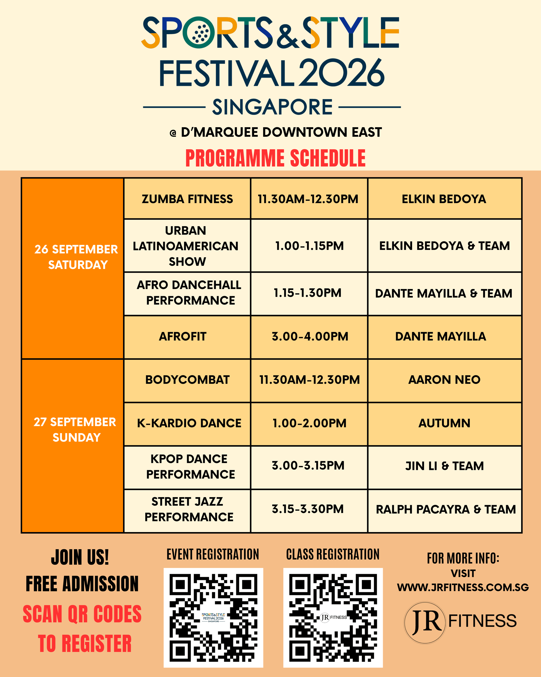 Poster advertising Sports & Style Festival 2026 in Singapore with a schedule grid, dates, and QR codes for registration