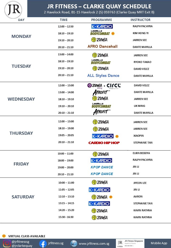 Weekly JR Fitness Clarke Quay schedule with days, times, program logos, and instructors