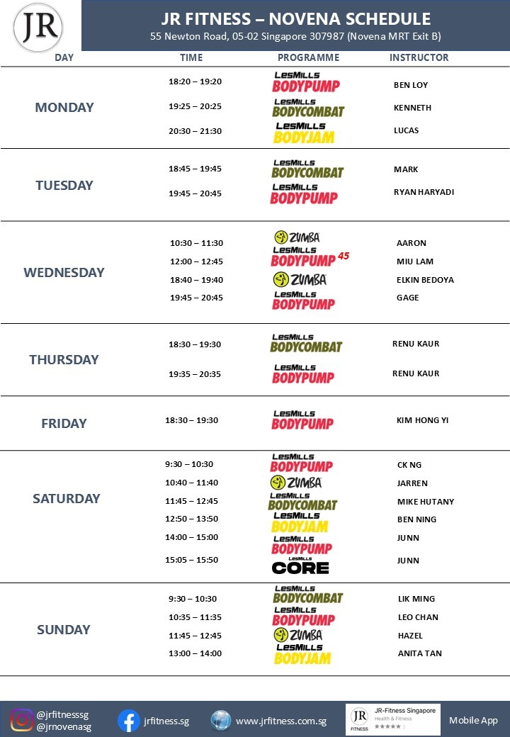 JR Fitness Novena schedule: weekly class times by day with program names (BodyPump/BodyCombat/BodyJam) and instructors, at 55 Newton Road.