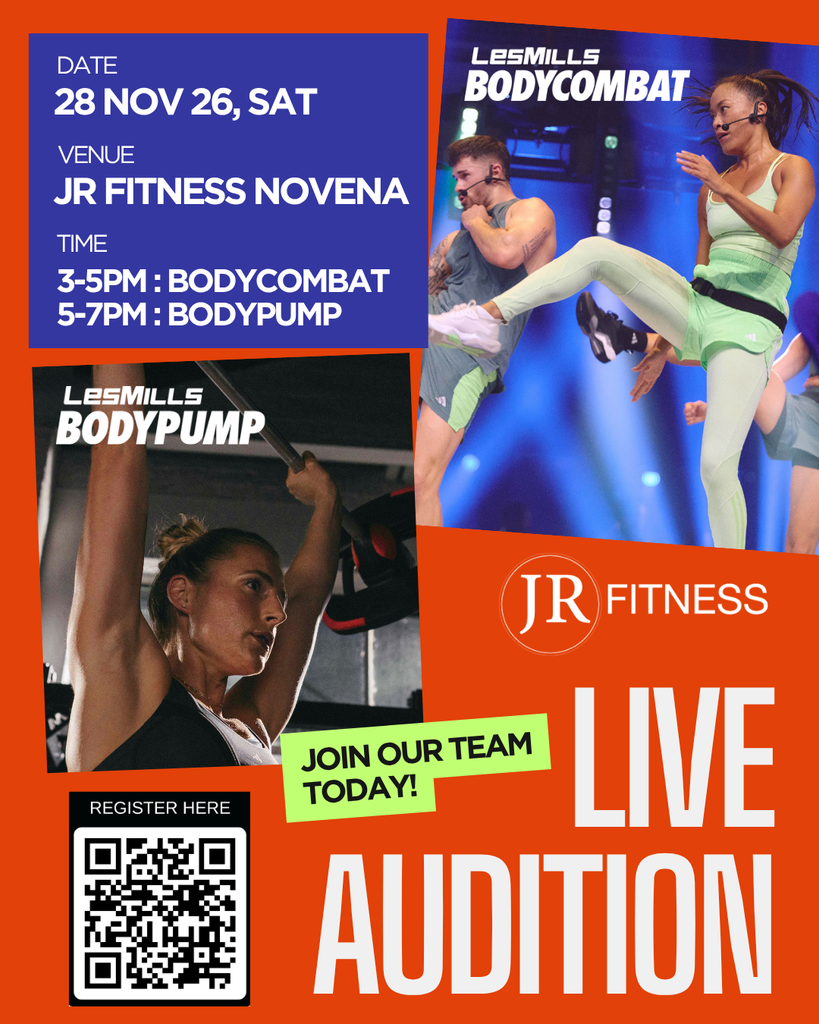 JR Fitness event poster with schedule, venue, times, workout images, and a QR code for registration.