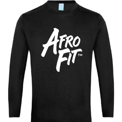 Black long-sleeve T-shirt with a white 'AFRO FIT' logo on the chest (TM). It’s plain with no other graphics.