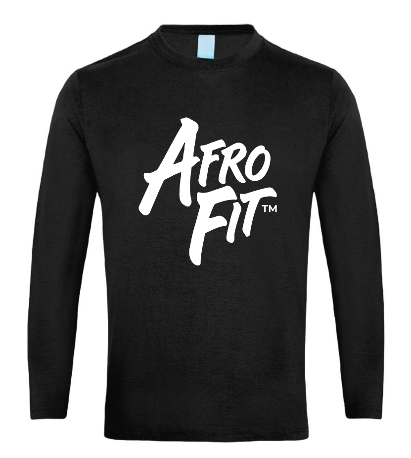AfroFit Black Long Sleeve Final - JR Fitness | Singapore Black long-sleeve T-shirt with a white 'AFRO FIT' logo on the chest (TM). It’s plain with no other graphics.