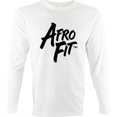 White long-sleeve shirt with a bold black 'Afro Fit' logo on the chest