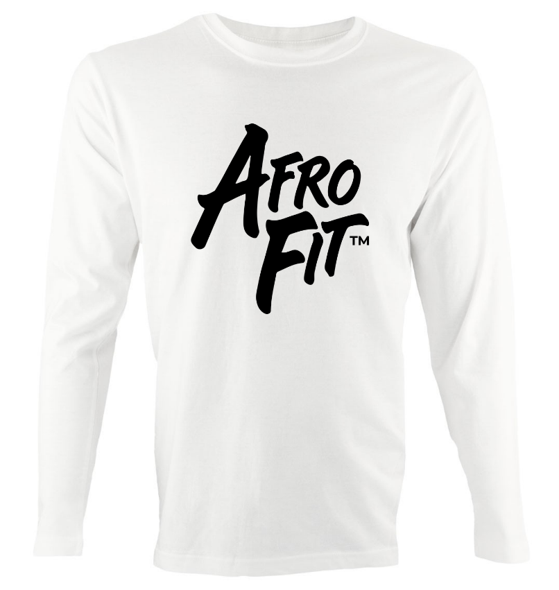 AfroFit White Long Sleeve_final - JR Fitness | Singapore White long-sleeve shirt with a bold black 'Afro Fit' logo on the chest