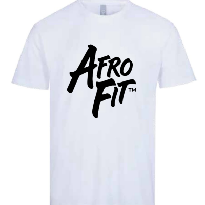 White t-shirt featuring a bold black 'AfroFit' logo centered on the chest, with TM mark visible.
