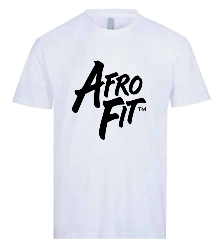 AfroFit White Short Sleeve - JR Fitness | Singapore White t-shirt featuring a bold black 'AfroFit' logo centered on the chest, with TM mark visible.