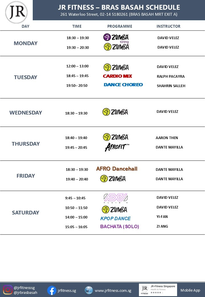 JR Fitness Brás Basah schedule: days, times and instructors for Zumba, Cardio Mix, Afrofit across Monday–Saturday with logos and trainer names