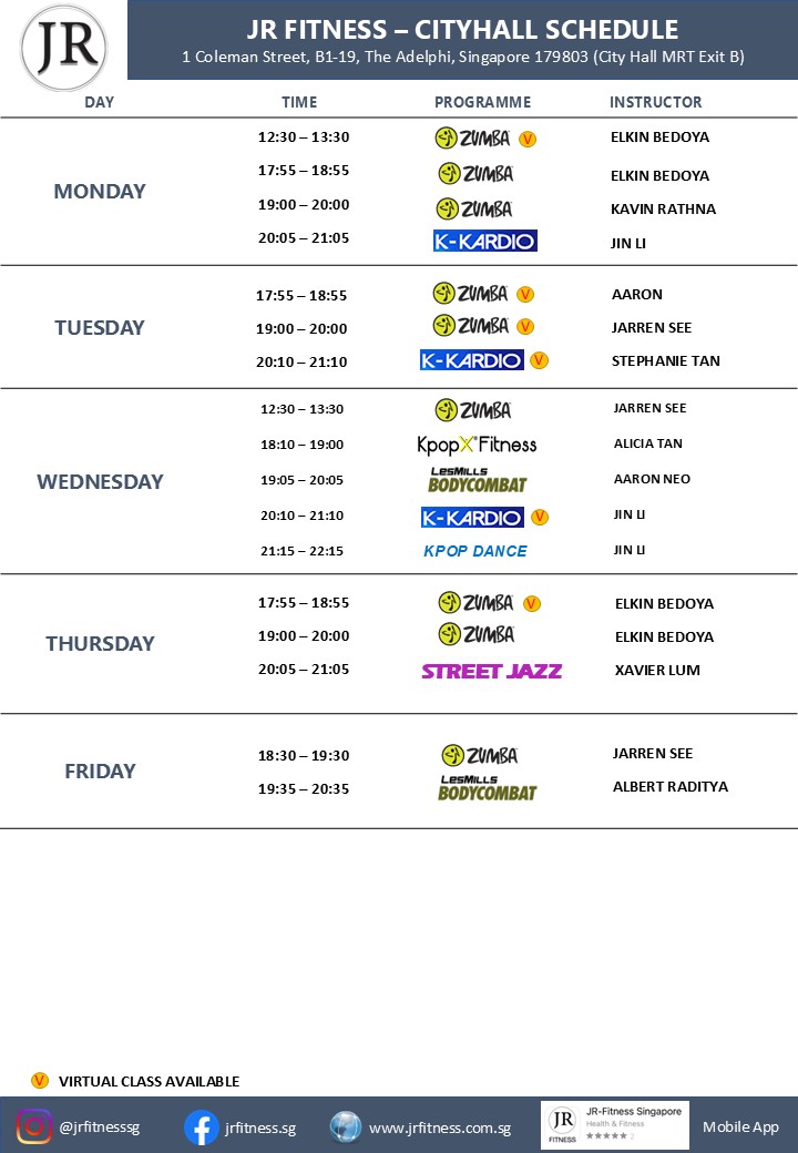 Weekly JR Fitness City Hall schedule with class times, programs (Zumba, K‑Kardio, Street Jazz, Kpop Fitness, Bodycombat) and instructors by day (Mon–Fri).