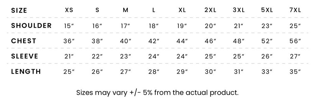 Long Sleeve - JR Fitness | Singapore Size chart showing shoulder, chest, sleeve, and length measurements by garment size (XS to 7XL) in inches, with a note that sizes may vary +/-5%.