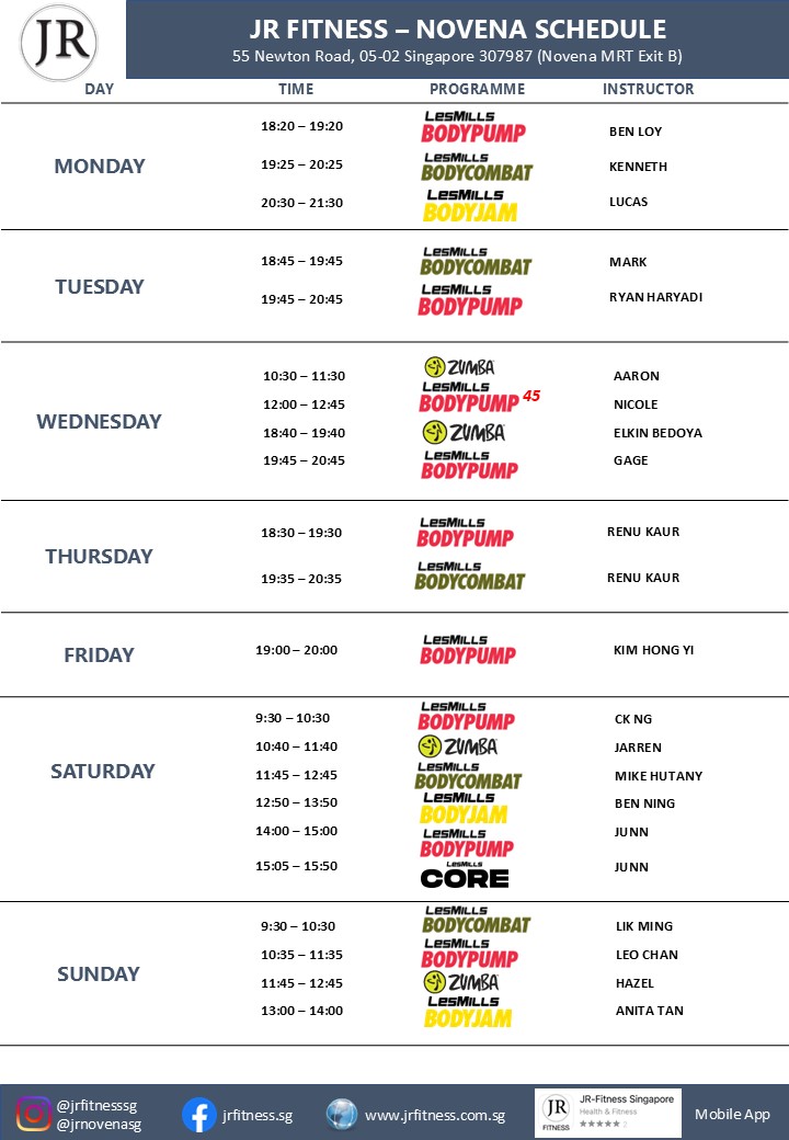 JR Fitness Novena schedule board with daily class times, programs (BodyPump/BodyCombat/BodyJam/Zumba) and instructors; logo at top.