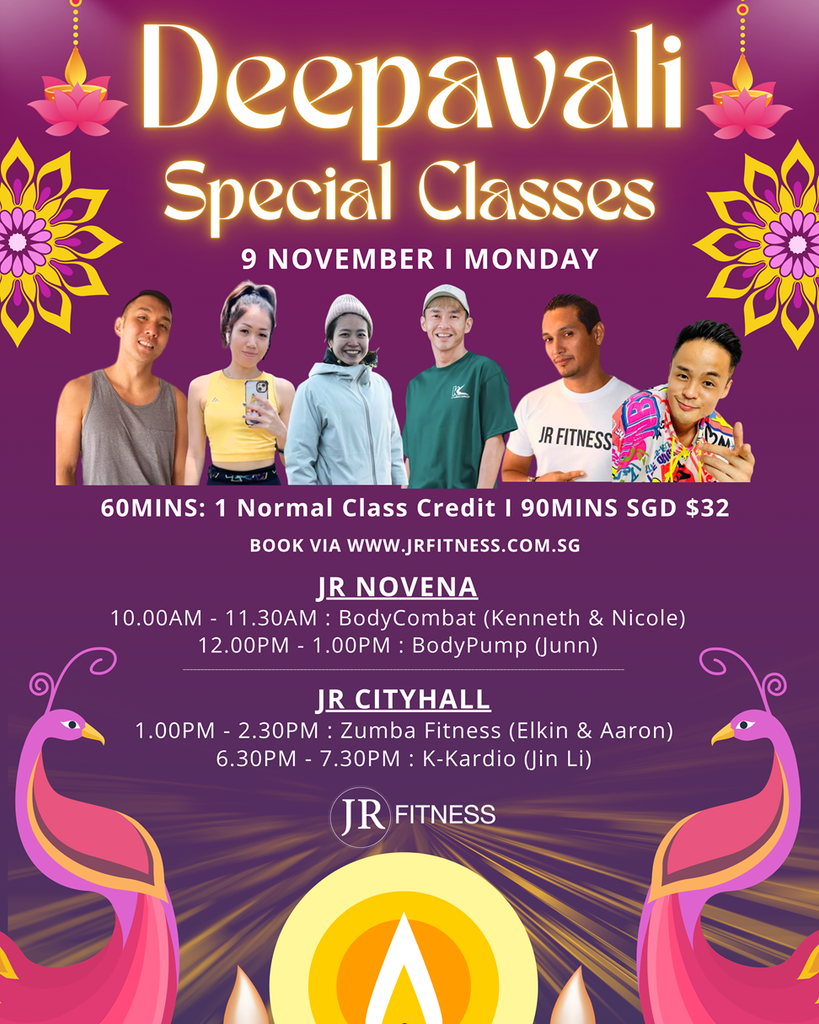 Purple and Pink Illustration Happy Diwali PosterInstagram Post 45_Resize - JR Fitness | Singapore Poster for Deepavali Special Classes on a purple background with decorative flowers, featuring a group photo and event details (date, times, pricing, and booking URL).