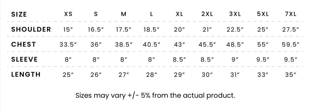 RN Short sleeve - JR Fitness | Singapore Size chart showing shoulder, chest, sleeve, and length measurements in inches for XS through 7XL, with ±5% variance.